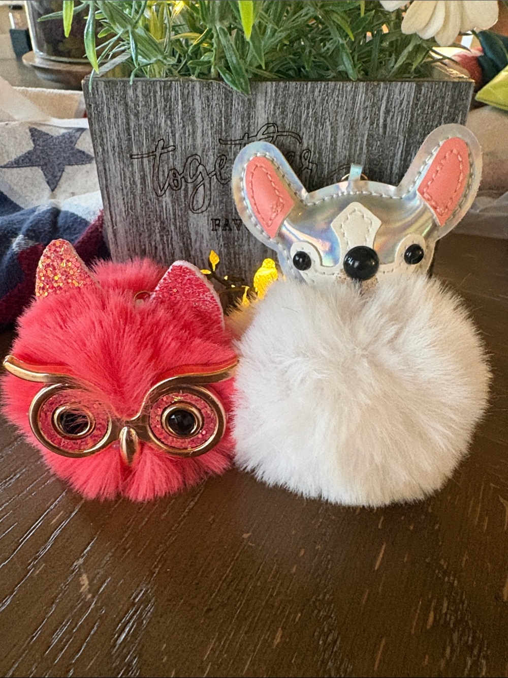 2 Keychains- Faux Fur Pom Pink Owl & White&Silver Chihuahua Plush Buddy NWOT